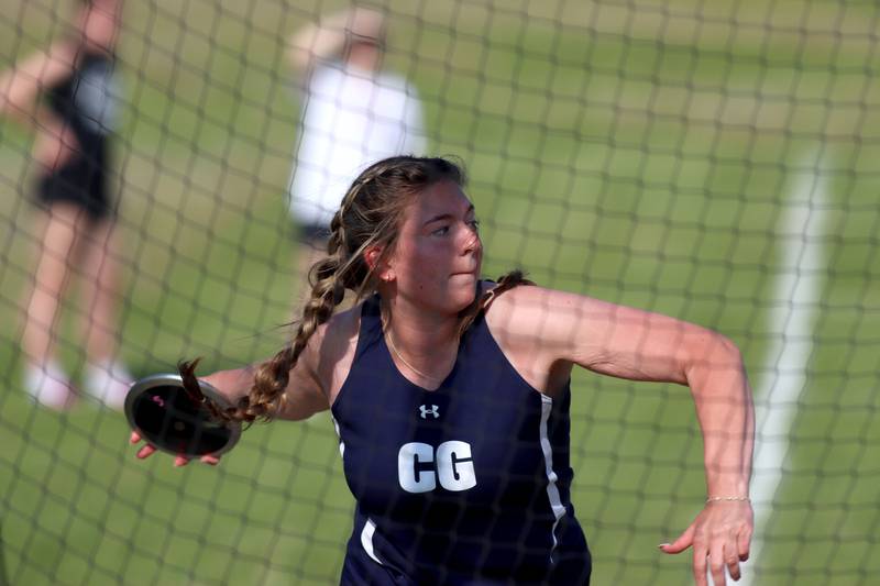Cary-Grove’s Kenna Kinsch competes in the discus in IHSA Class 3A Girls Sectional Track and Field Meet action at Red Raider Stadium on the campus of Huntley High School in Huntley on Wednesday, May 14, 2025.