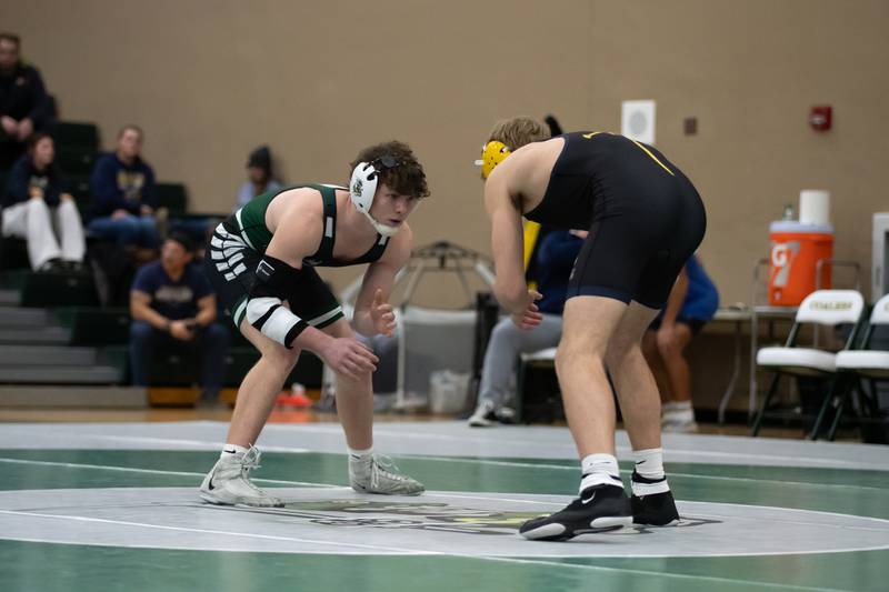 Coal City's Mason Garner, left, and Yorkville's Tyler Gleason wrestle in the 165-pound match during the IHSA Class 1A Coal City Dual Team Sectional on Thursday, Feb. 5, 2026.