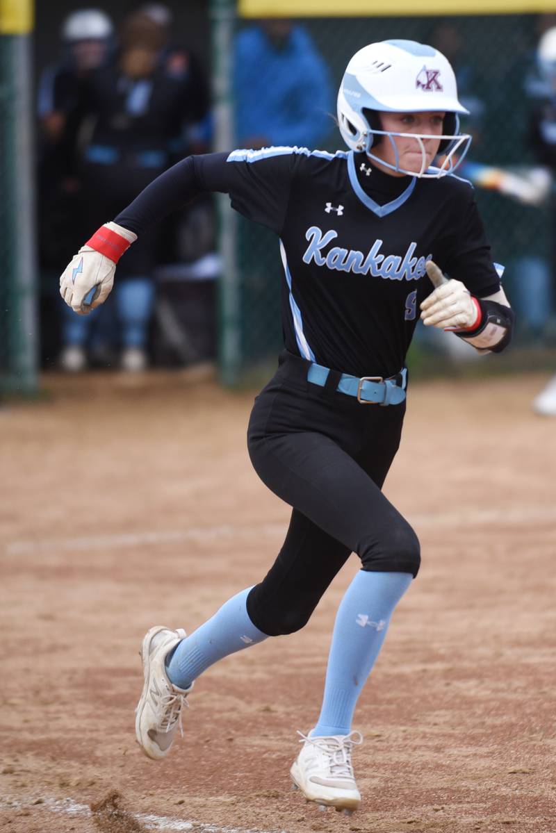 Kankakee's Calleigh Moody runs to first base during a home game against Thornwood Thursday, April 17, 2025.