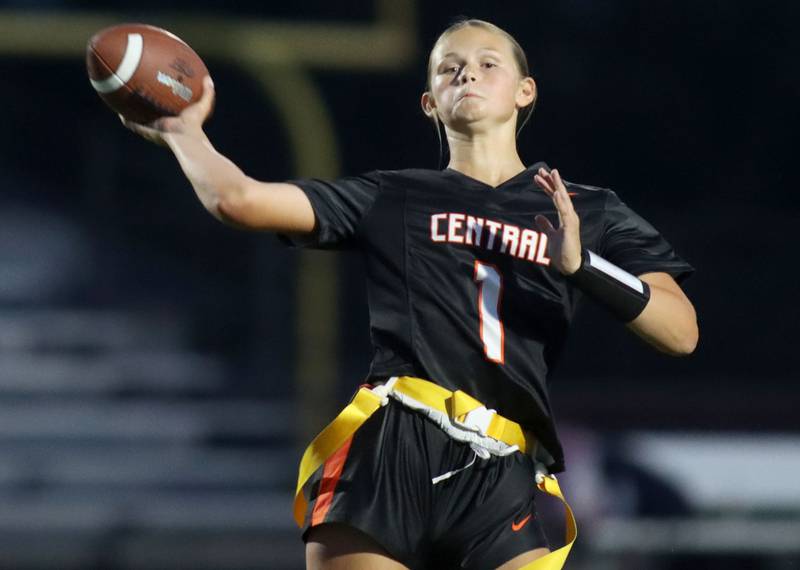 Crystal Lake Central’s Ryleigh Smith fires a pass against Huntley in varsity flag football at Owen Metcalf Field on the campus of Crystal Lake Central High School in Crystal Lake on Tuesday, Sept. 16, 2025.