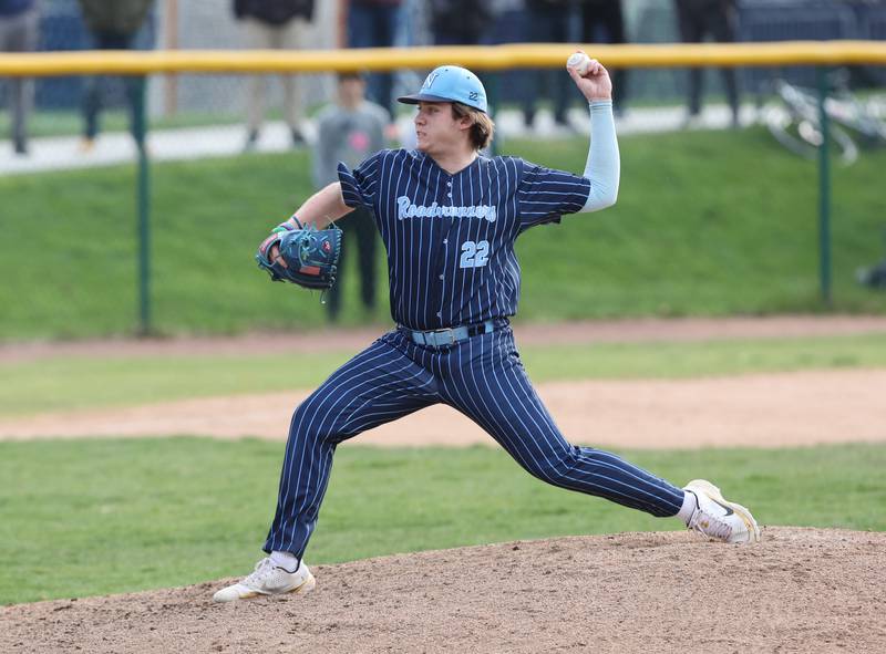 Nazareth's John Hughes (22) pitches during the varsity baseball game between Benet Academy and Nazareth Academy in La Grange Park on Monday, April 24, 2023.