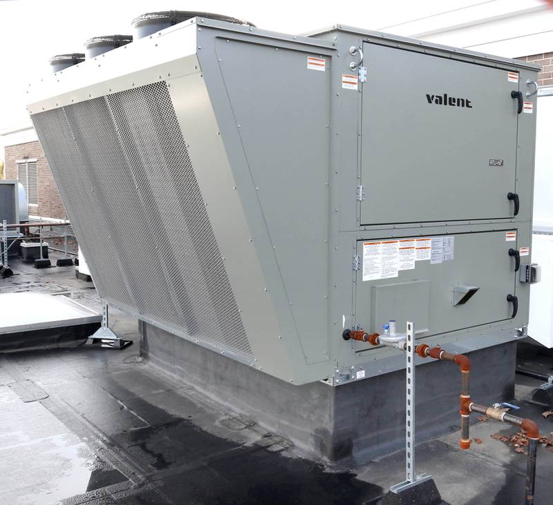 One of the new air conditioning units Thursday, Nov. 3, 2022, on the roof of Huntley Middle School.
