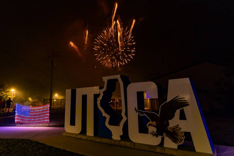 Fireworks display over Utica sign on Saturday, July 5, 2025 on Canal Street in Utica.