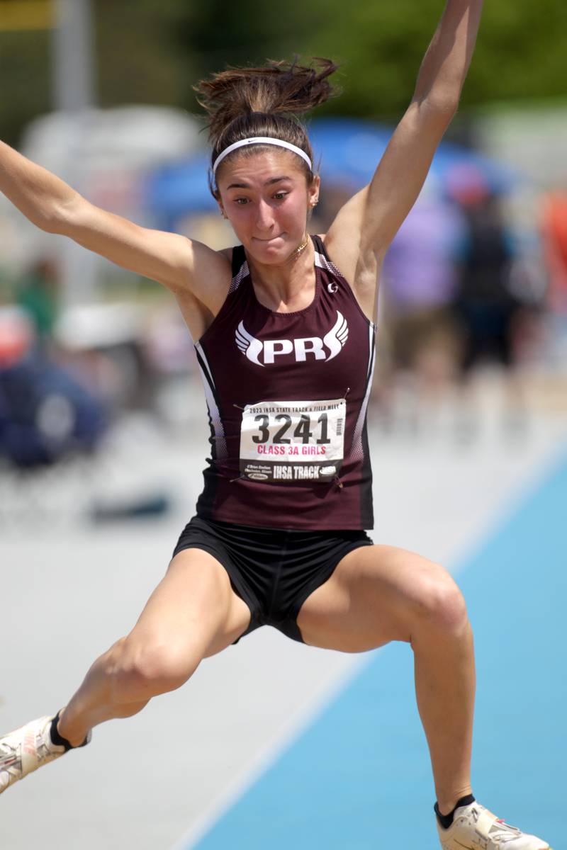 Prairie Ridge’s Rylee Lydon competes in the 3A long jump during the IHSA State Track and Field Finals at Eastern Illinois University in Charleston on Saturday, May 20, 2023.
