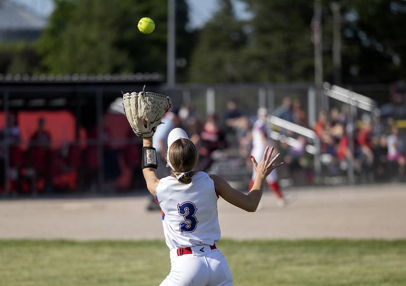 Morrison’s Harper Buikema hauls in a fly ball in centerfield against Erie-Prophetstown Thursday, May 14, 2026.