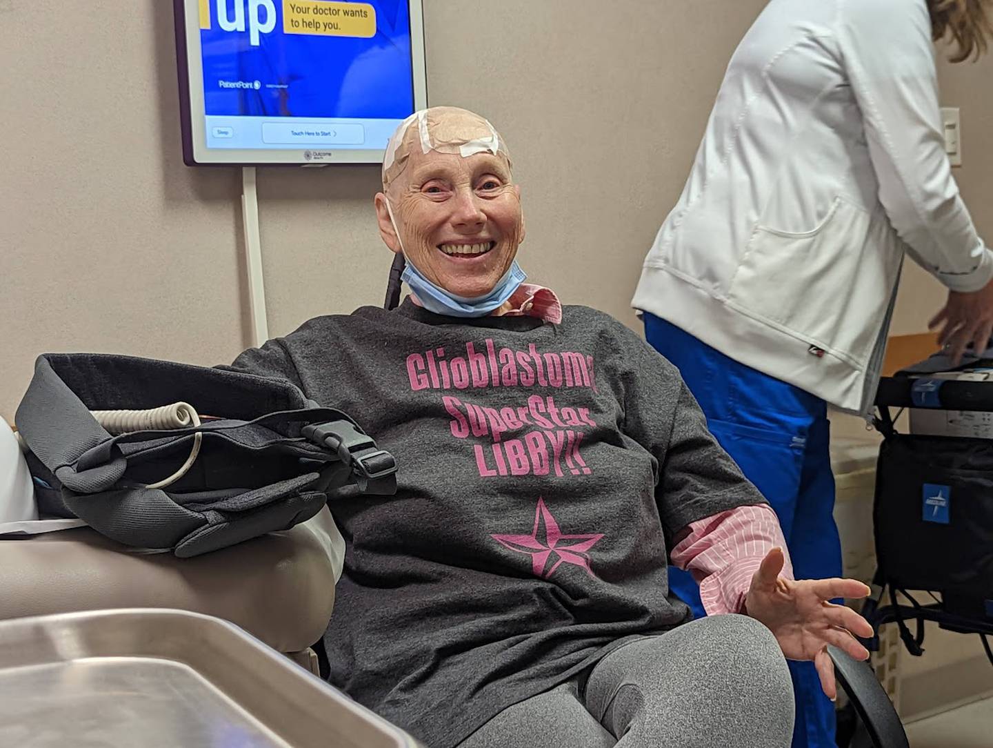 Libby Hall, 75, of Joliet, is seen on Friday, Sept. 16, 2022, at Joliet Oncology-Hematology Associates. Hall was diagnosed with glioblastoma multiform, an aggressive brain cancer, in 2020 and is currently wearing a device called Optune, which delivers an electrical field into the cancer cells in her brain.