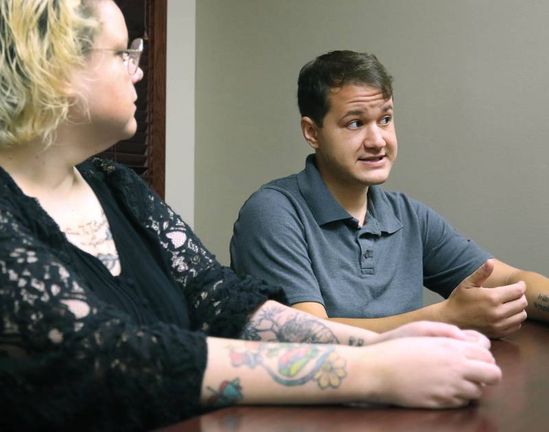 Ash Rootes and Beck Garcia, from DeKalb Mutual Aid, talk Tuesday, June 10, 2025, about their focus for the future and an upcoming planning session.