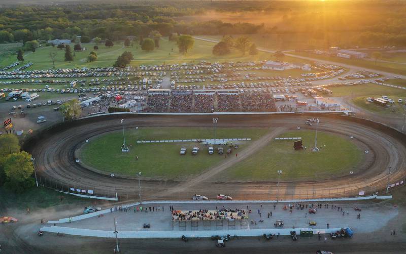 The sun sets during the season opening race on Tuesday, May 6, 2025 at La Salle Speedway.