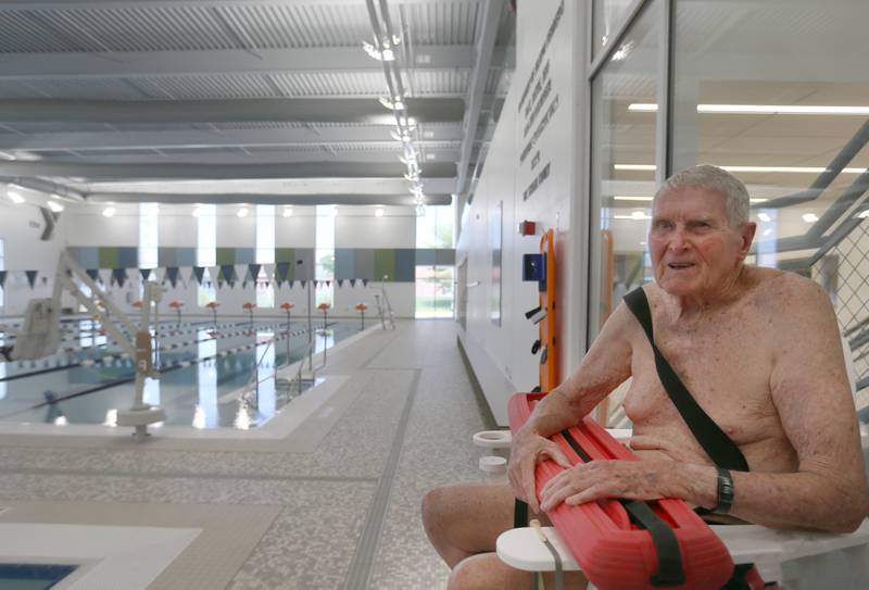 Robert "Spider" Purcell smiles before entering the water in the O'Brien Aquatic Center on Monday, May 6, 2024 at the YMCA in Ottawa. Purcell was the first person to swim in the gigantic pool.