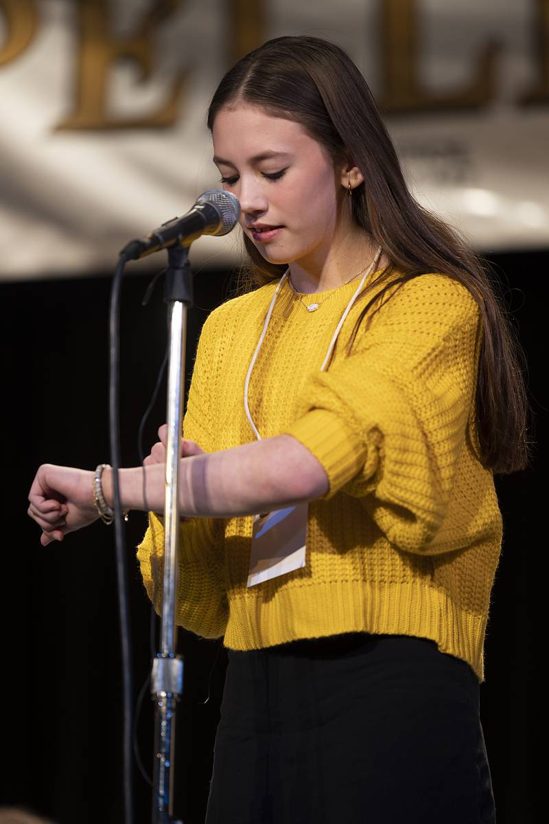 Cora Schmidt of Forreston Jr. High went out on the word "fulminate" in round ten Thursday, Feb. 20, 2025, at the Lee, Ogle, Whiteside County Regional Spelling Bee. Schmidt took fourth overall.