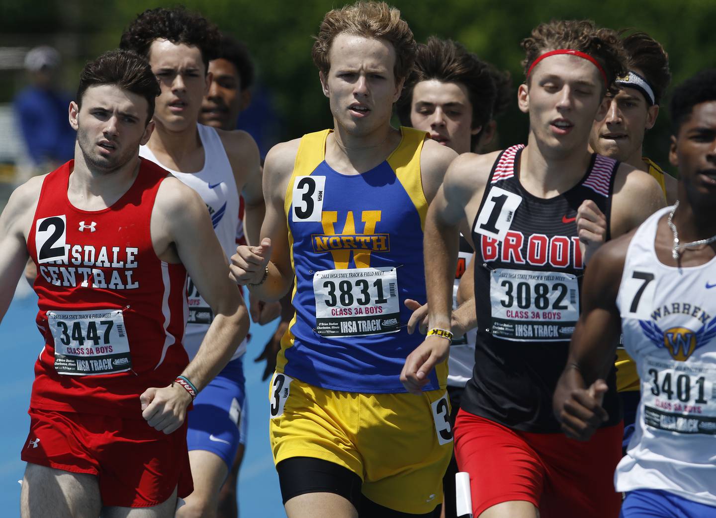 Hinsdale Central’s Daniel Watcke, Wheaton’s Ryan Schreiner, and Bolingbrook’s Brett Wasick battle for position as they compete in the 800 meter run during the IHSA Class 3A State Track and Field Championships Saturday, May 28, 2022, at Eastern Illinois University in Charleston.