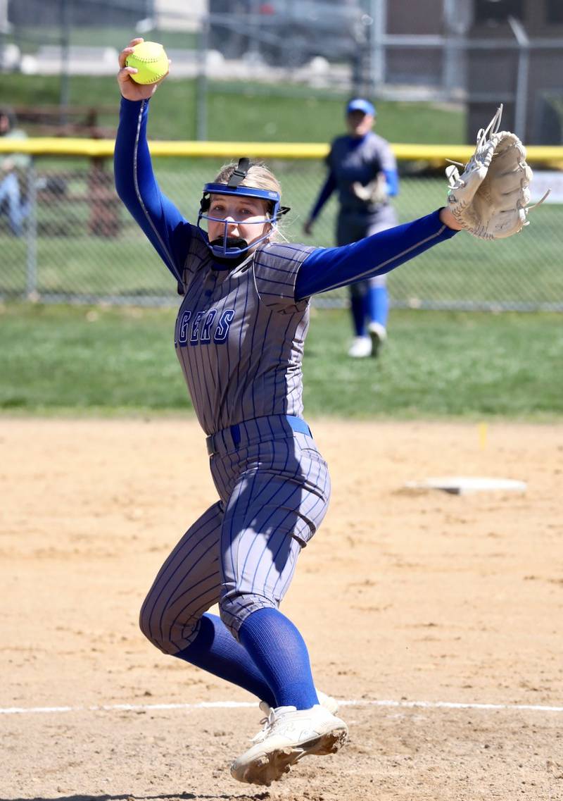 Princeton sophomore Reese Reviglio makes her pitch in the first game of Saturday's doubleheader at Hall.