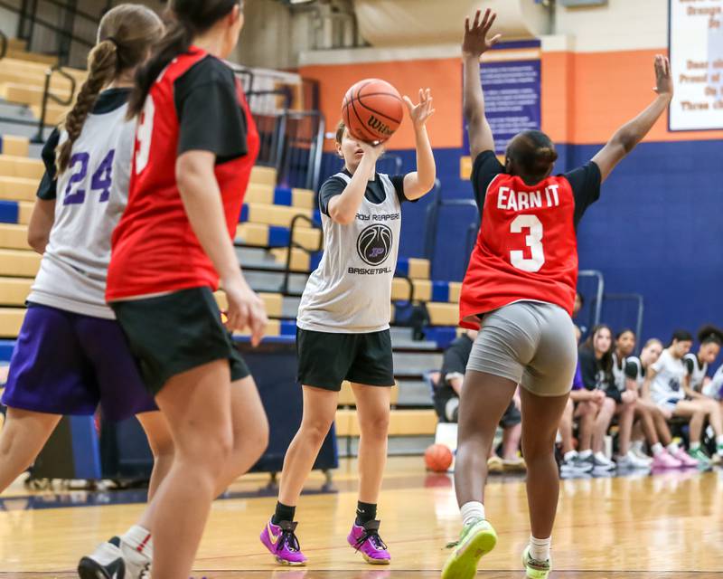Plano's Josie Larson shoots a jump shot at the Oswego girls basketball shootout tournament. June 28, 2024.