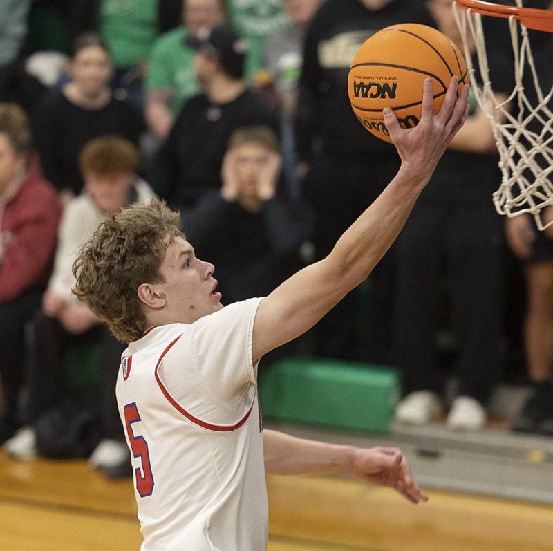 Oregon’s Tucker O’Brien puts in a bucket against Rock Falls Wednesday, Feb. 25, 2026, in the Class 2A regional semifinal at Rock Falls High School.