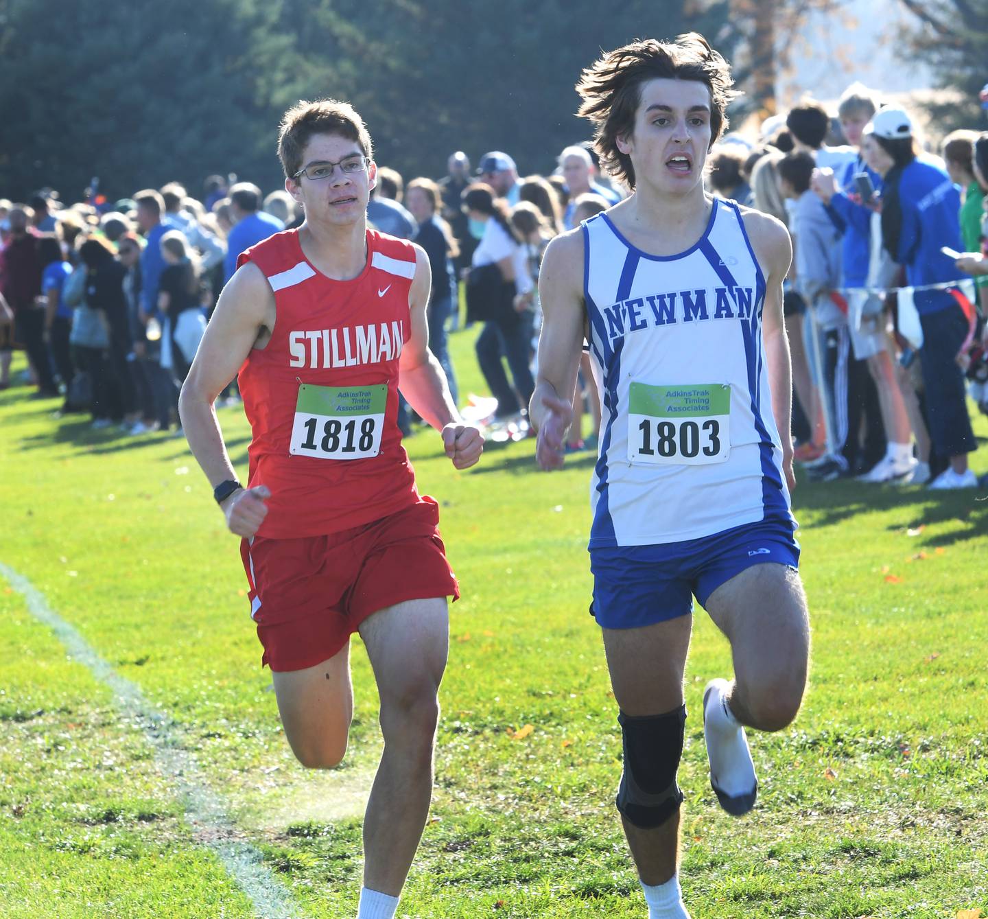 Newman's Ken Boesen races Stillman Valley's Jeremiah Bogner to the finish line at the 1A Oregon Sectional on Saturday, Oct. 29 at Oregon Park West.