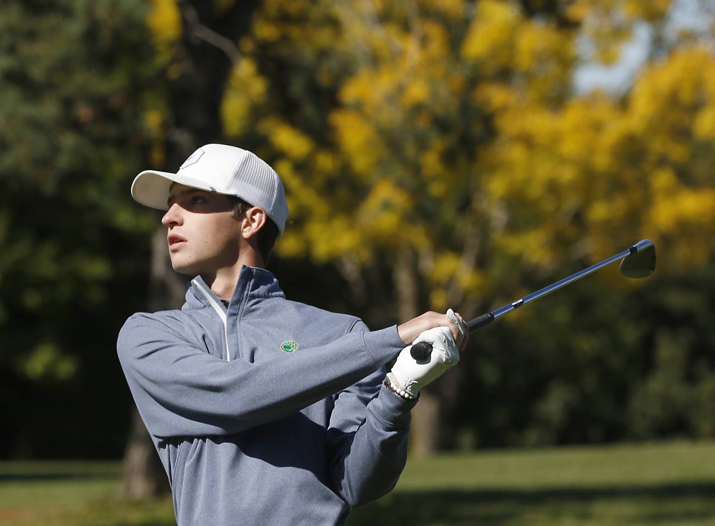 Crystal Lake South’s Nate Stewart watches his fairway shot on the ninth hole during the IHSA 2A Marengo Regional Golf Tournament Wednesday, Sept. 28, 2023, at Marengo Ridge Golf Club.