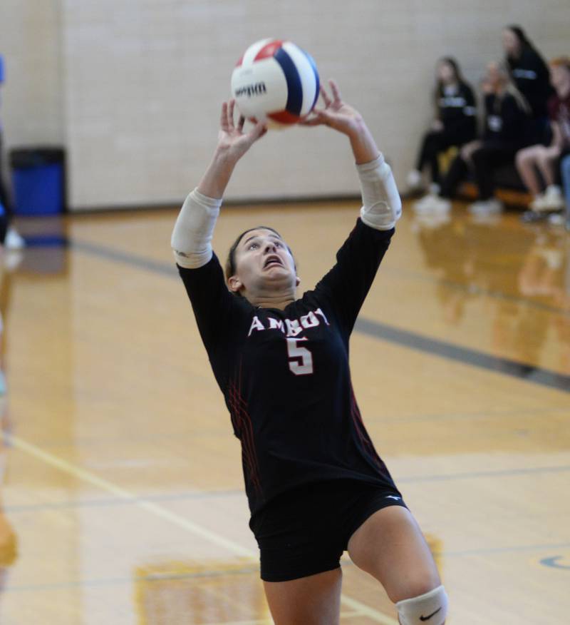 Amboy's Morgan Kreiser sets the balls against Polo at the Polo Invite on Saturday, Sept. 27, 2025.