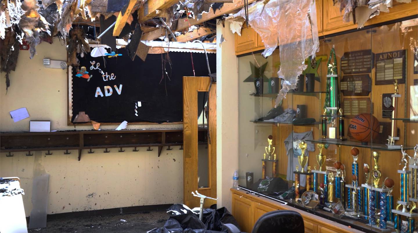 Interior damage from a 2024 fire at the Good Shepherd Lutheran Church in Downers Grove.