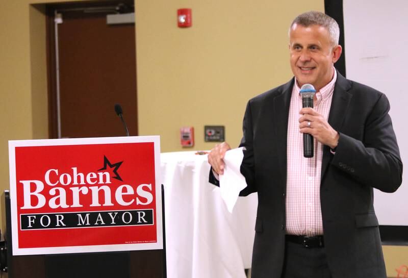 DeKalb mayoral candidate Cohen Barnes thanks his supporters as he declares victory in his race against Carolyn Morris Tuesday during an election night party at Faranda's Banquet Center in DeKalb.