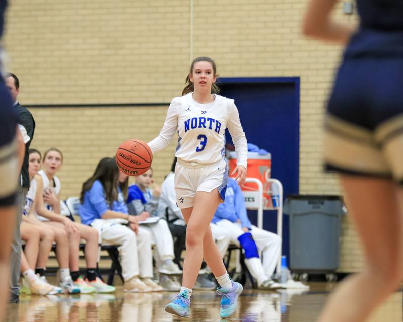 St. Charles North's Alyssa Hughes (3) advances the ball during Class 4A Addison Trail Regional semifinal game between St. Charles North at Addison Trail. Feb 15, 2022.