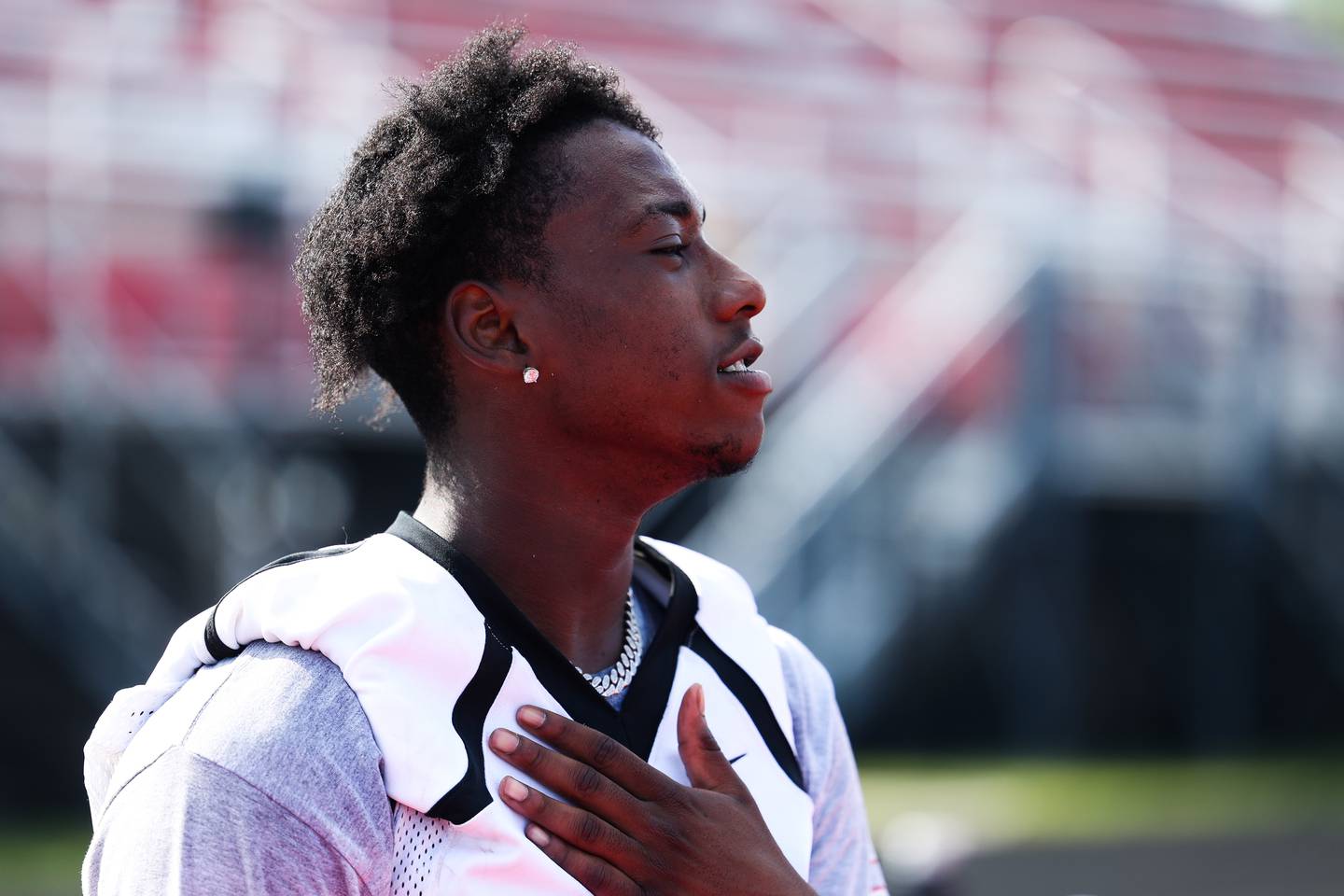 Bolingbrook’s Kyan Berry-Johnson takes a break during the first day of practice on Monday, Aug. 7, 2023 in Bolingbrook.