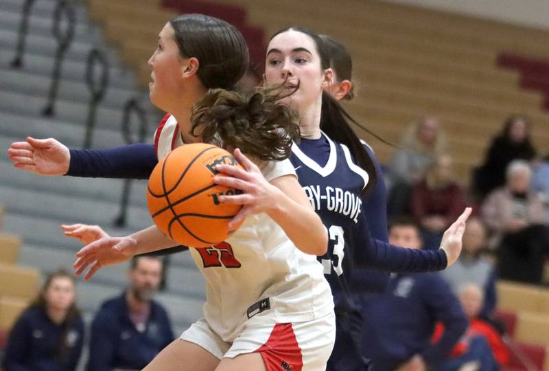 Huntley’s Evie Freundt moves the ball against Cary-Grove in varsity girls basketball on Monday, Feb. 2, 2026, at Huntley High School in Huntley.