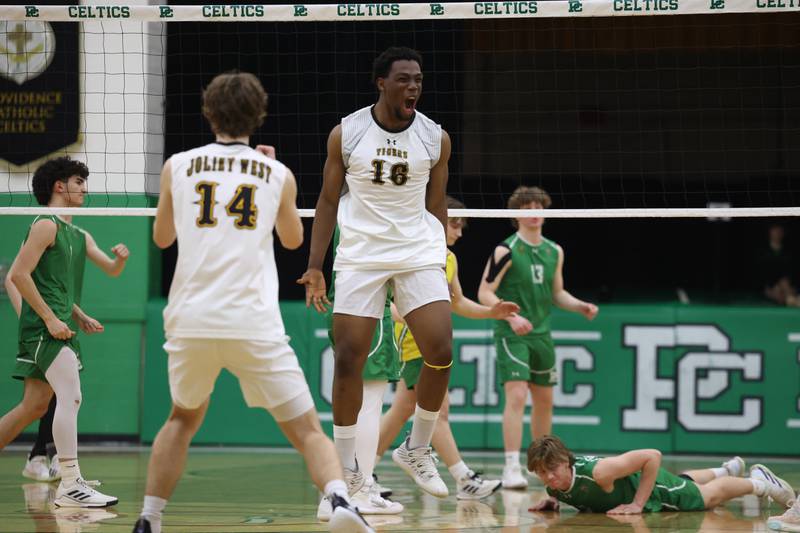Joliet West’s Alexander Ogugua celebrates match point against Providence on Tuesday, April 16, 2024 in New Lenox.