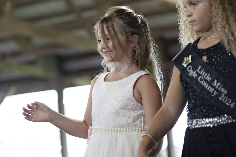 Aurora Mills, 7, competes in the Little Miss Ogle County pageant, Thursday, July 30, 2025, at the Ogle County Fairgrounds.