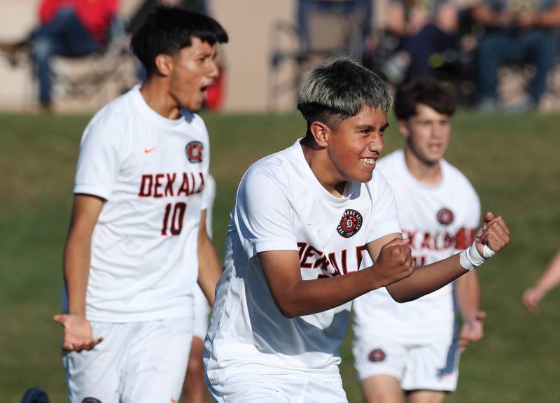 DeKalb players celebrate scoring the first goal during the El Classicorn rivalry game Tuesday, Oct. 7, 2025, at Sycamore High School.