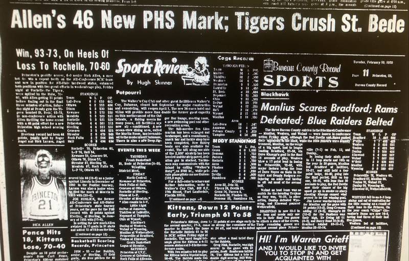 Here is the BCR sports front featuring the night Rick Allen scored a school record 46 points on Feb. 7, 1970, against St. Bede. He broke the record jointly held by Roger Angel and Rick Larson of 44.