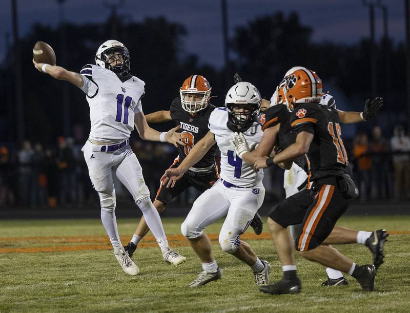 Dixon’s Jagger Kemp fires a pass down field against Byron Friday, Sept. 5, 2025, at Byron High School.