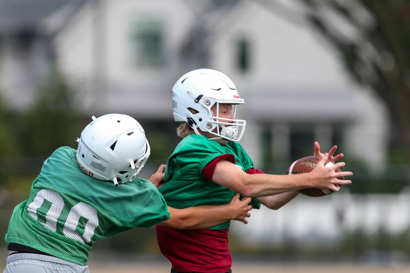 York defensive backs go through drills at first day of football practice. Aug 12, 2024