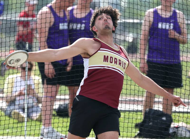 Morris’ Kohen Gross competes in the discus Tuesday, May 13, 2025, during the Interstate 8 Conference boys track championships at Rochelle High School.