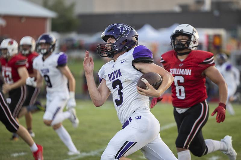 Dixon’s Tyler Shaner heads for the end zone against Stillman Valley Friday, August 25, 2023.