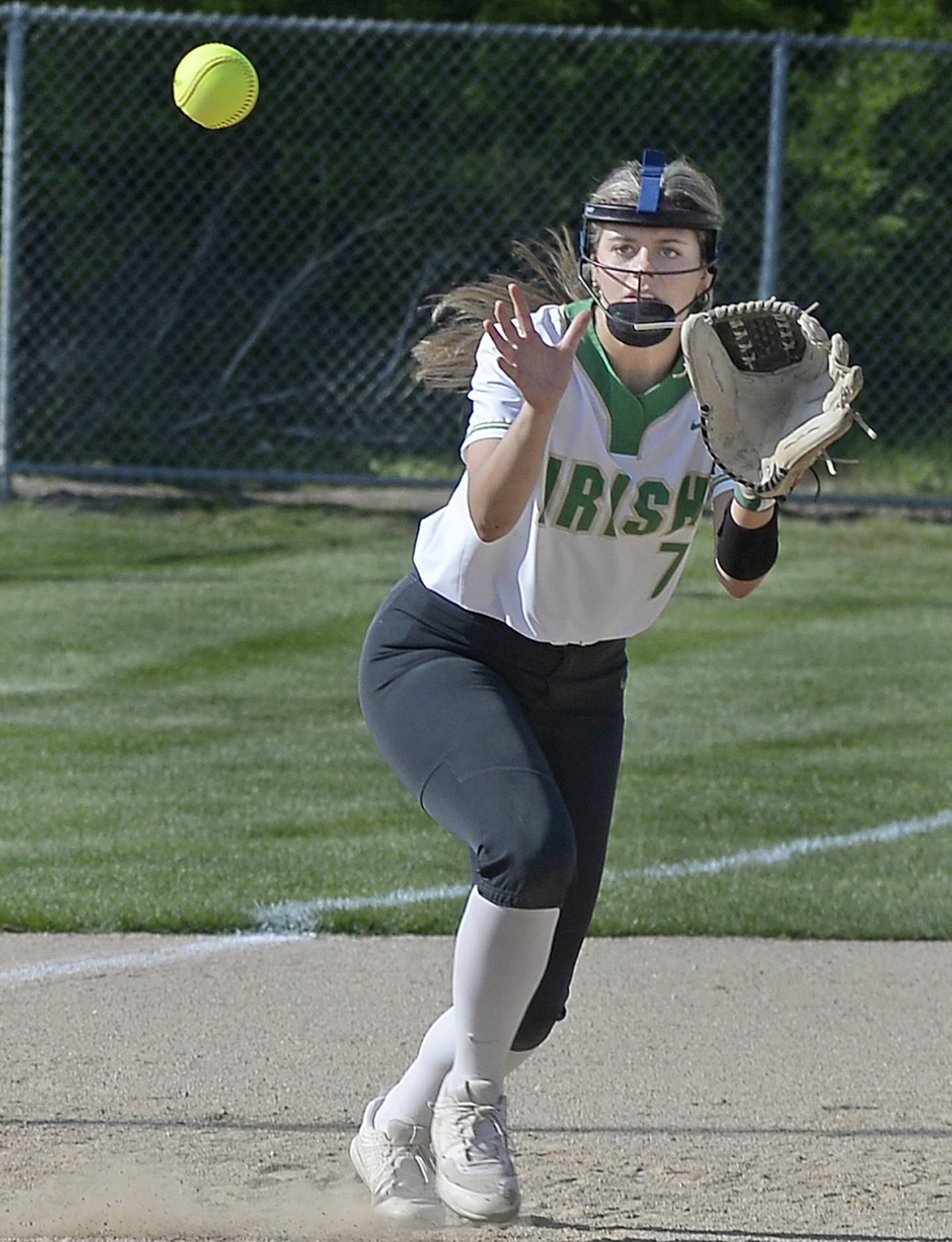 Seneca's Audry McNabb closes in on a bouncing ball Friday, April 29, 2023, in Ottawa.