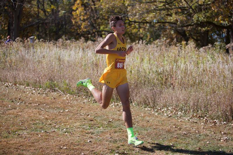 Jacob's Maximilian Sudrzynski  heads for the finish line  at the Fox Valley Conference meet on Saturday, Oct. 19,2024 at Hickory Nut Grove Preserve in Cary.