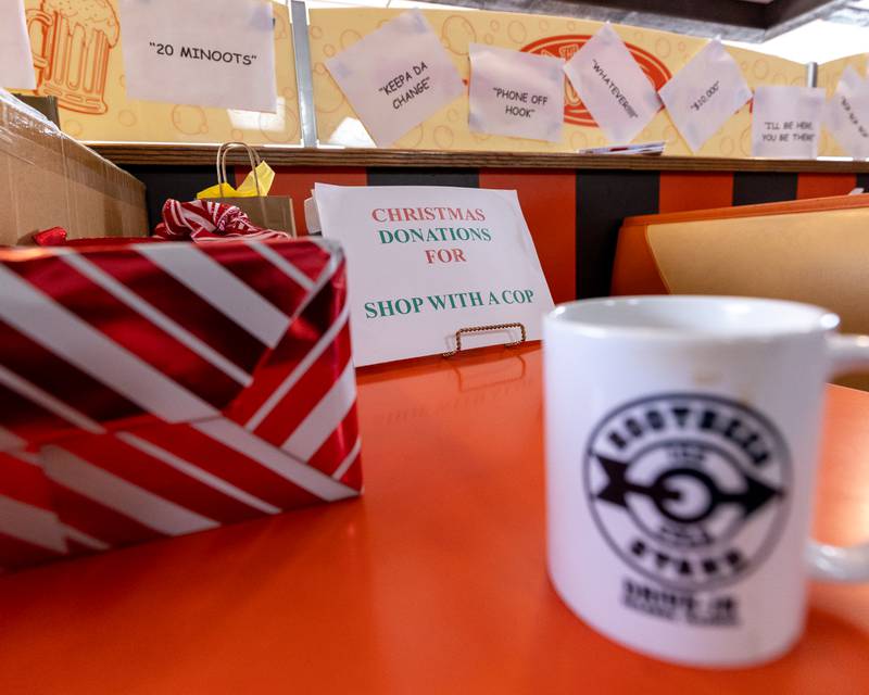 Gifts for shop with a cop are accepted at Sam’s retirement celebration on Saturday, October 25, 2025 at the Rootbeer Stand in Oglesby.
