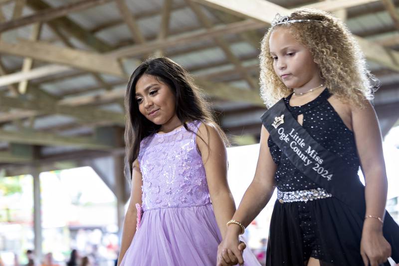Hazel Delgado, 8, competes in the Little Miss Ogle County pageant, Thursday, July 30, 2025, at the Ogle County Fairgrounds.
