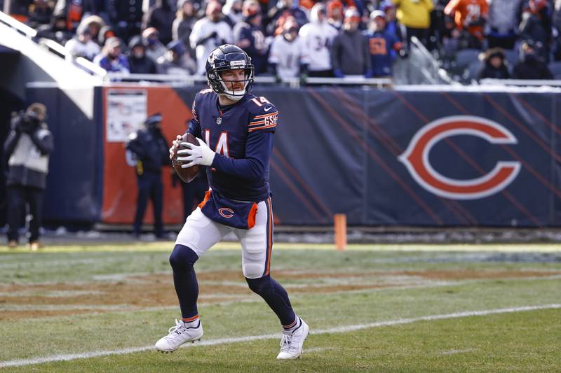 Chicago Bears quarterback Andy Daltonl ooks to pass against the New York Giants during the first half, Sunday, Jan. 2, 2022, in Chicago.