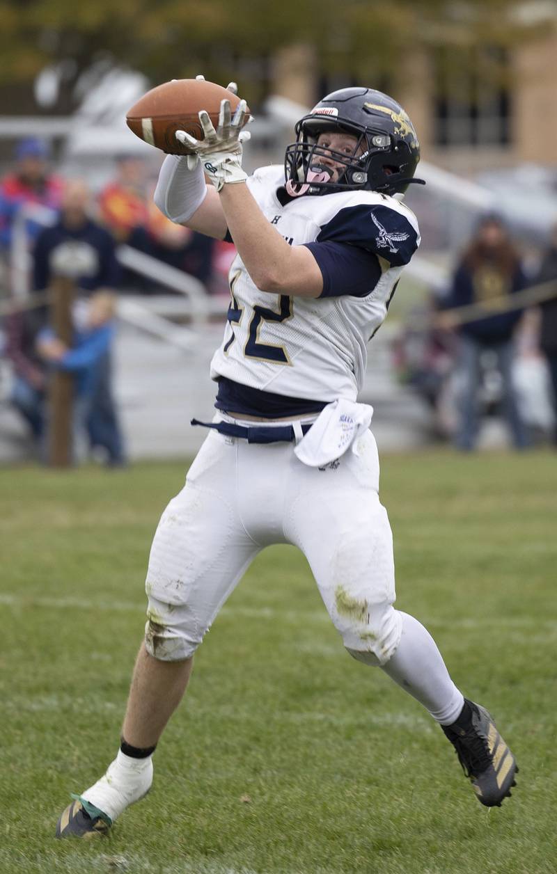 Hiawatha’s Kamden Rasmus snags a pass against Polo Saturday, Nov. 1, 2025, in the 8-man football playoff quarterfinals.