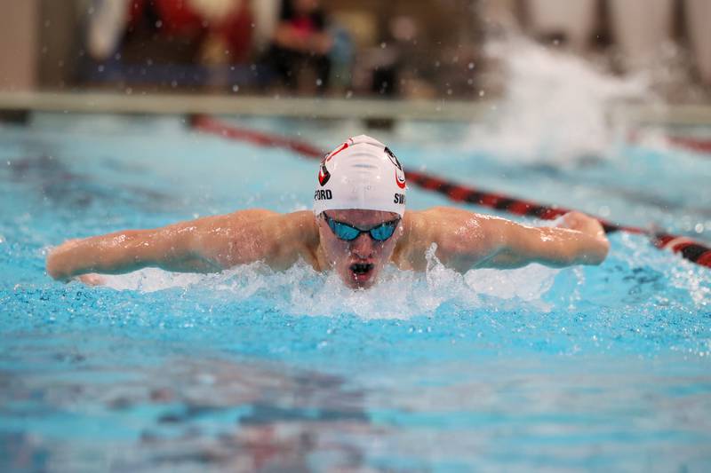 Bradley-Bourbonnais' Eli Swafford competes in the 100-yard butterfly race during the All-City meet on Tuesday, Jan. 6, 2026.