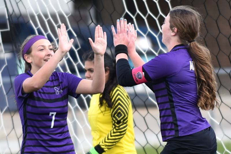Manteno's Loryn Edwards, left, and Emily Horath celebrate a goal during the Panthers' 5-0 win at home over Bishop McNamara Wednesday, April 29, 2026.