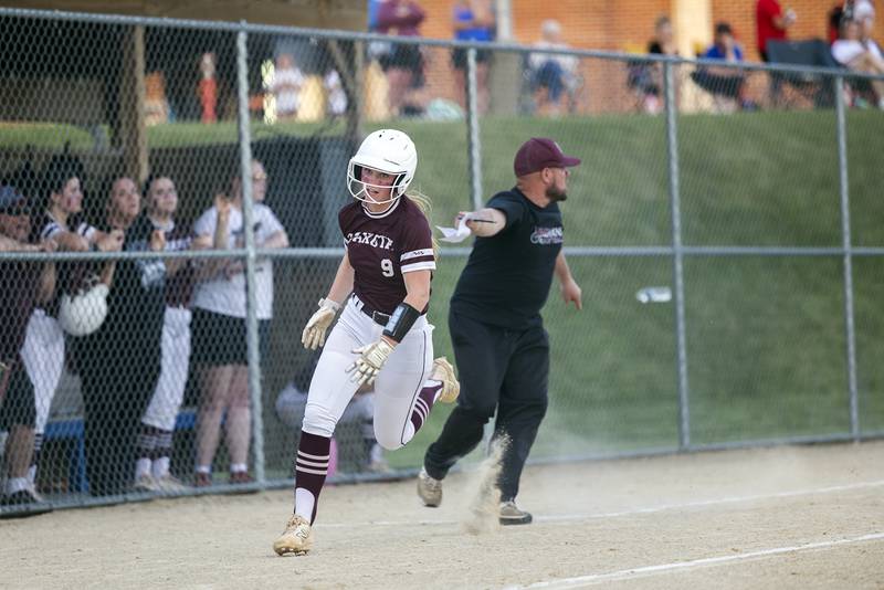 Dakota’s Jersie Banks rounds third to score against Milledgeville Tuesday, May 26, 2026, at the Eastland Class 1A softball sectional quarterfinal.