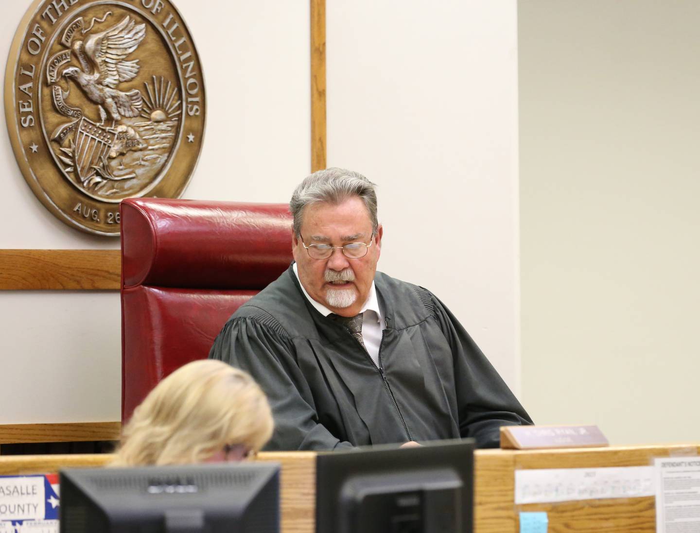 Judge H. Chris Ryan Jr. speaks during the sentencing of Angel Farmer (Accountability Angel) on Thursday, July 27, 2023 at the La Salle County Governmental Complex in Ottawa.