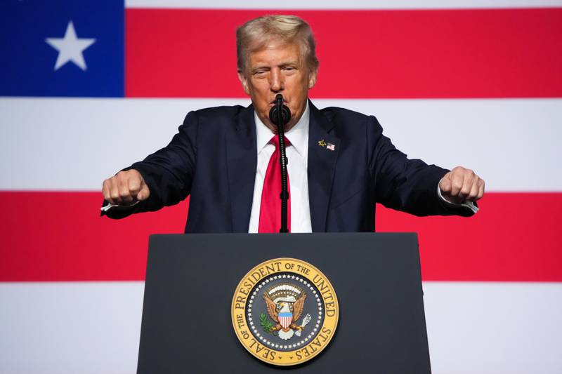 President Donald Trump speaks to a gathering of top U.S. military commanders at Marine Corps Base Quantico, Tuesday, Sept. 30, 2025, in Quantico, Va.  (Andrew Harnik/Pool via AP)