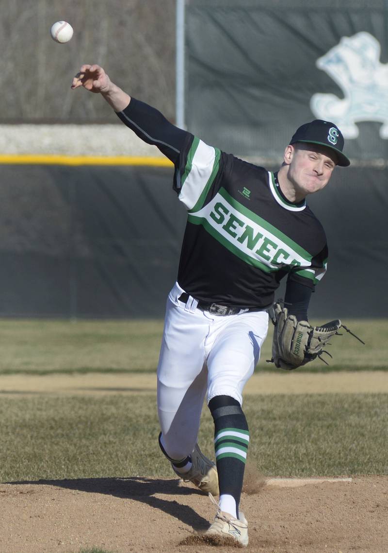 Seneca Starting Pitcher Chase Buis lets go with a pitch opening day Monday against Ottawa at Seneca.