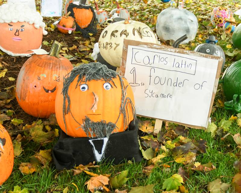 A pumpkin face with a sign displayed with the pumpkin saying Carlos Lattin 1st founder of Sycamore is on displayed at the Sycamore courthouse lawn during the Sycamore Pumpkin Festival on Friday oct. 27, 2023