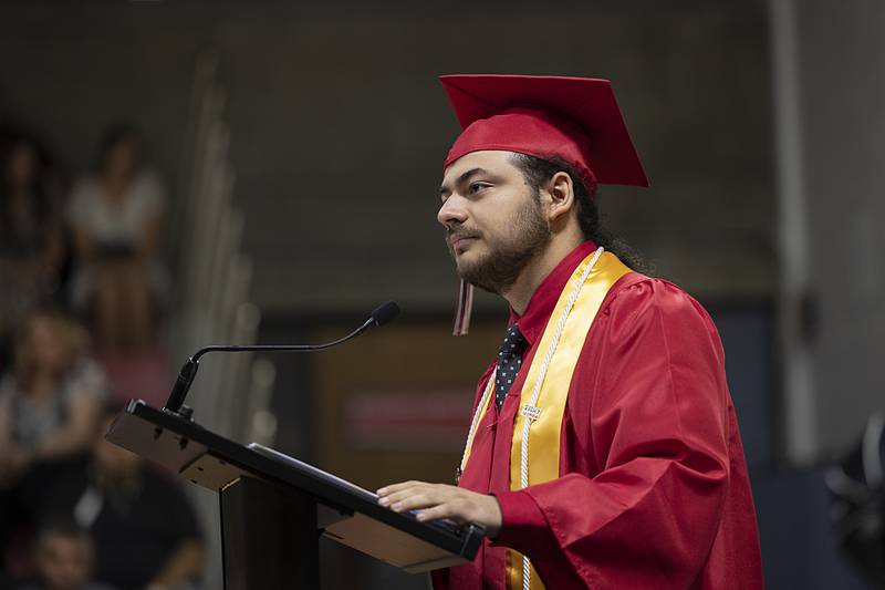Student speaker Michael Jenkins tells his story Friday, May 10, 2024 during SVCC’s 2024 commencement ceremony.