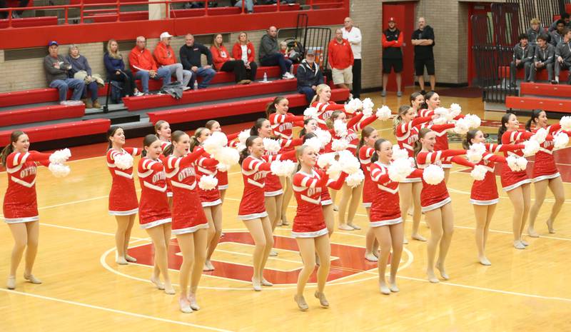 Ottawa poms perform at halftime between Ottawa and Pontiac during the Dean Riley Shootin' The Rock Thanksgiving Tournament on Monday, Nov. 25, 2024 in Kingman Gym at Ottawa High School.