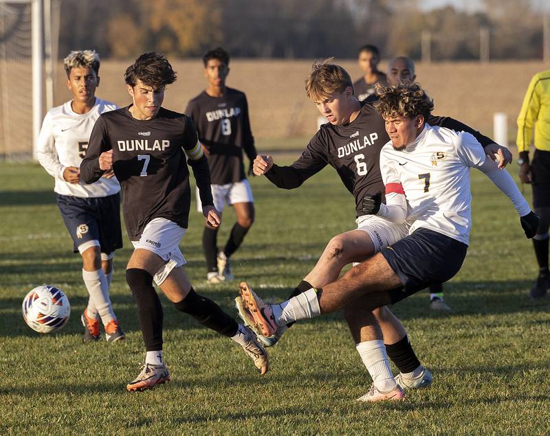 Sterling’s Chris Martinez makes a pass against Dunlap Wednesday, Oct. 23, 2024, during the class 2A soccer regional semifinal in Geneseo.